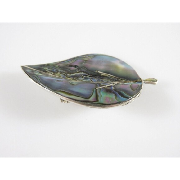 Vintage Mid Century Leaf Brooch Inlaid Abalone Sterling Silver Signed EGC Cuerna - Picture 4 of 7